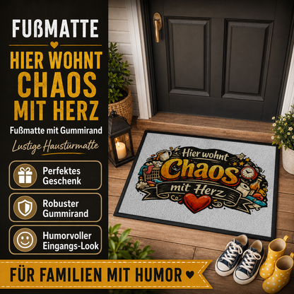 Fußmatte mit Gummirand – „Hier wohnt Chaos mit Herz“ | Lustige Haustürmatte