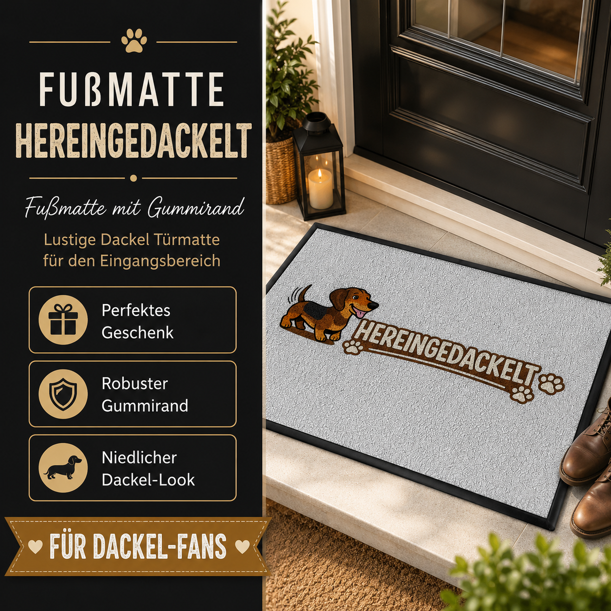 Fußmatte mit Gummirand „HEREINGEDACKELT“ – Lustige Dackel Türmatte für den Eingangsbereich