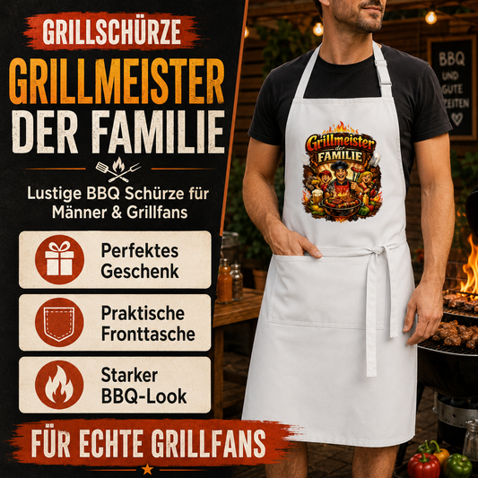 Grillschürze „Grillmeister der Familie“ – Lustige BBQ Schürze für Männer & Grillfans