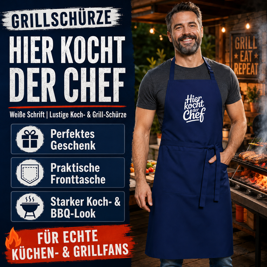 Grillschürze „Hier kocht der Chef“ – Weiße Schrift | Lustige Koch- & Grill-Schürze