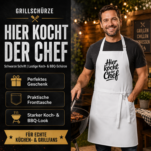Grillschürze „Hier kocht der Chef“ – Schwarze Schrift | Lustige Koch- & BBQ-Schürze