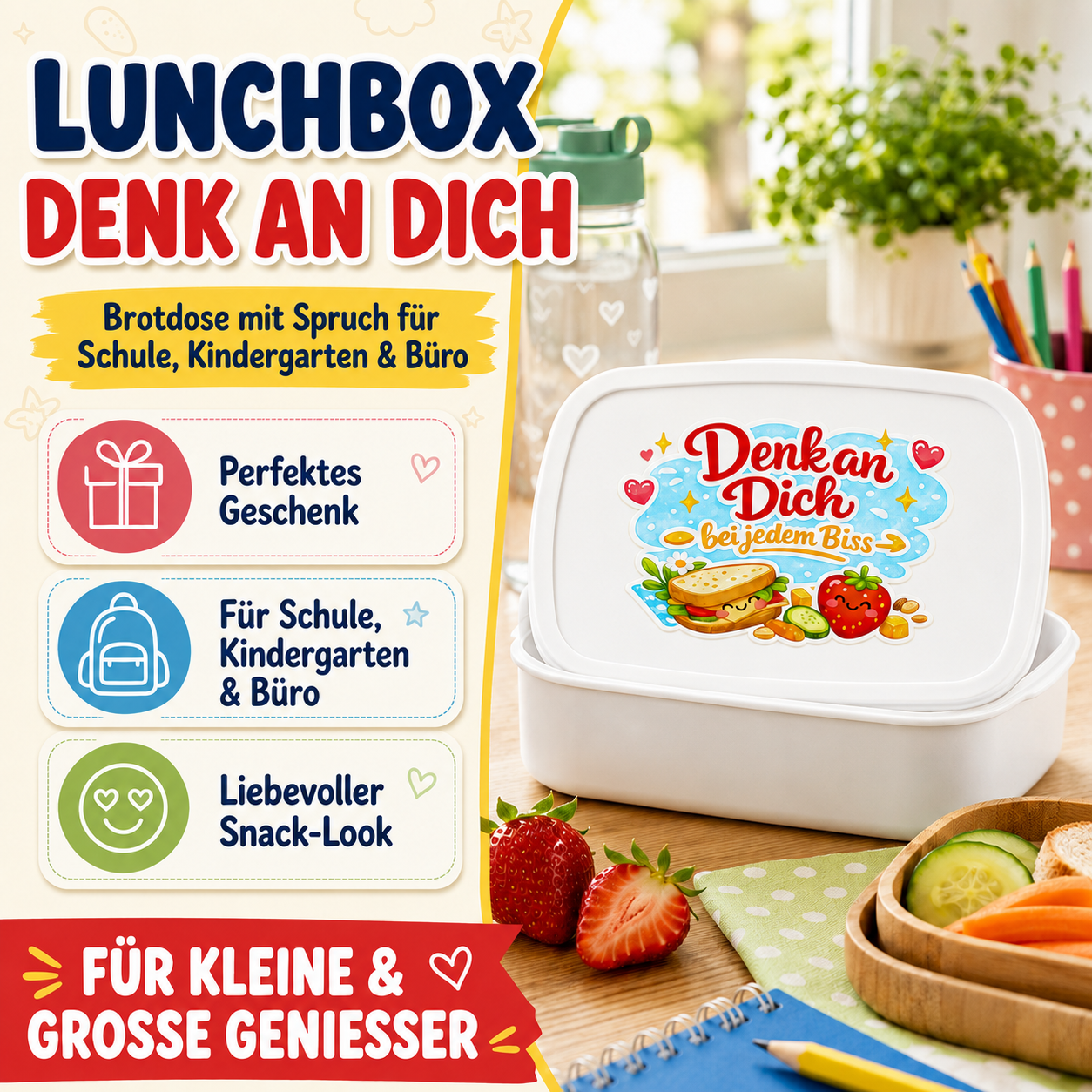 Lunchbox „Denk an dich“ – Brotdose mit Spruch für Schule, Kindergarten & Büro