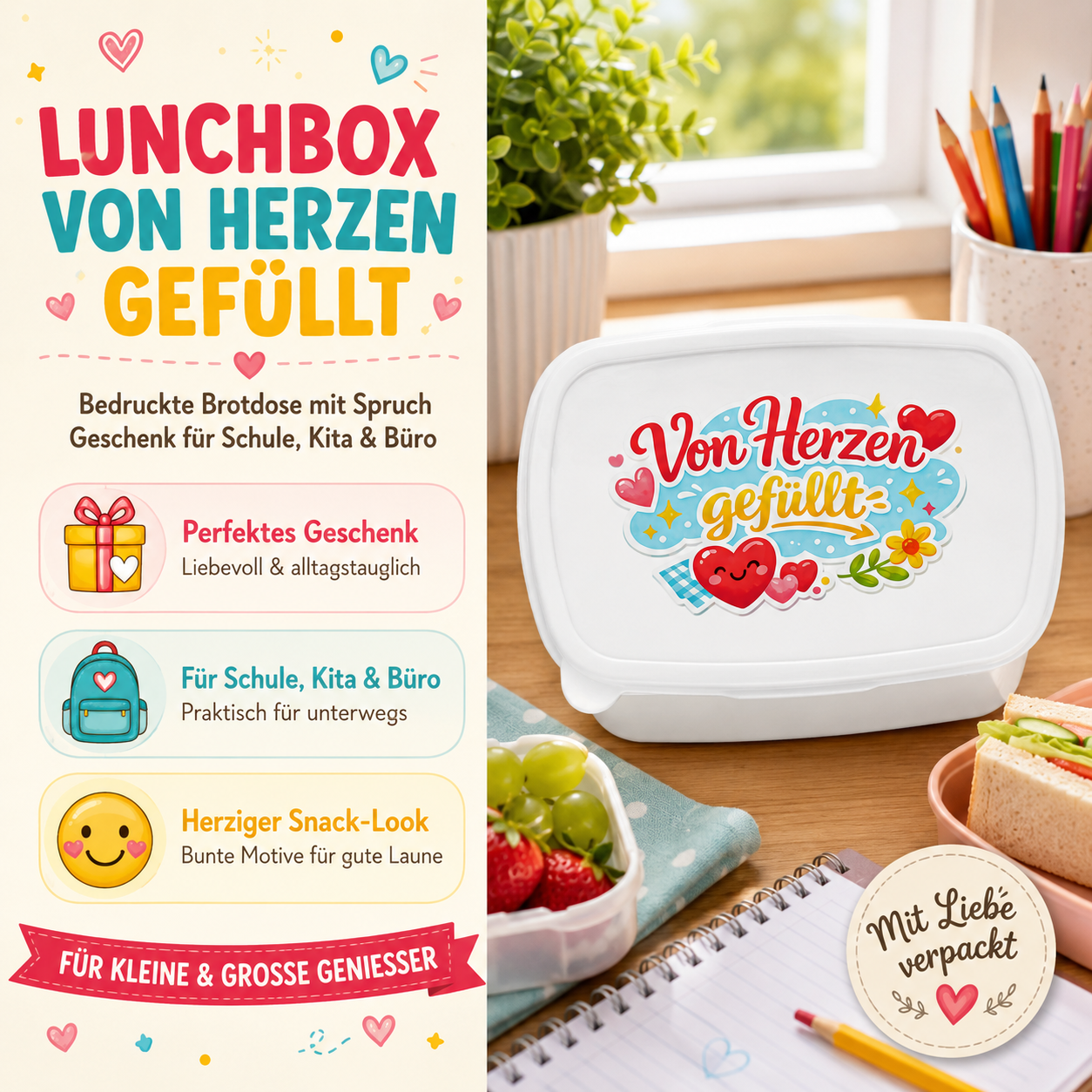 Lunchbox „Von Herzen gefüllt“ – Bedruckte Brotdose mit Spruch, Geschenk für Schule, Kita & Büro