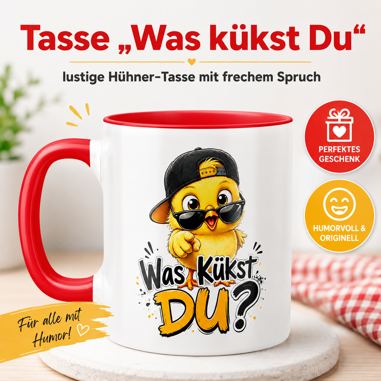 Tasse „Was kükst Du“ – lustige Hühner-Tasse mit frechem Spruch