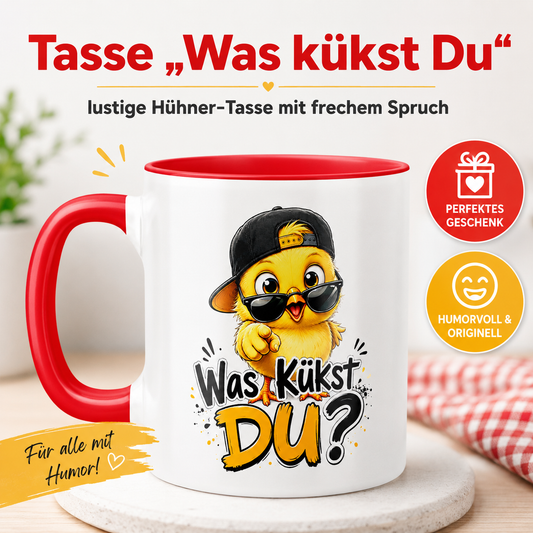 Tasse „Was kükst Du“ – lustige Hühner-Tasse mit frechem Spruch