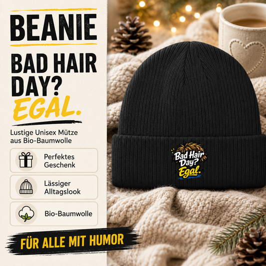 Beanie „Bad Hair Day? Egal.“ – Lustige Unisex Mütze aus Bio-Baumwolle