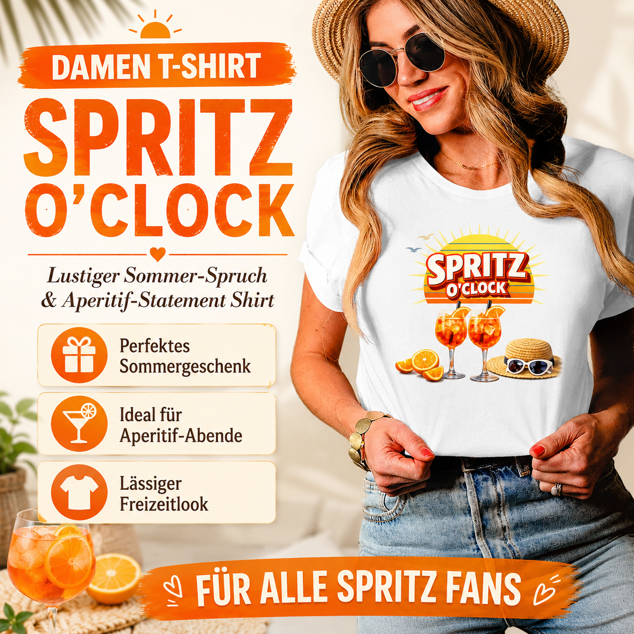 Damen T-Shirt „Spritz O’Clock“ – Lustiger Sommer-Spruch & Aperitif-Statement Shirt