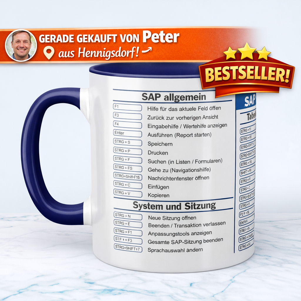 SAP Kaffeetasse mit Shortcuts & Kurzbefehlen – Bedruckte Tasse für SAP Benutzer im Büro