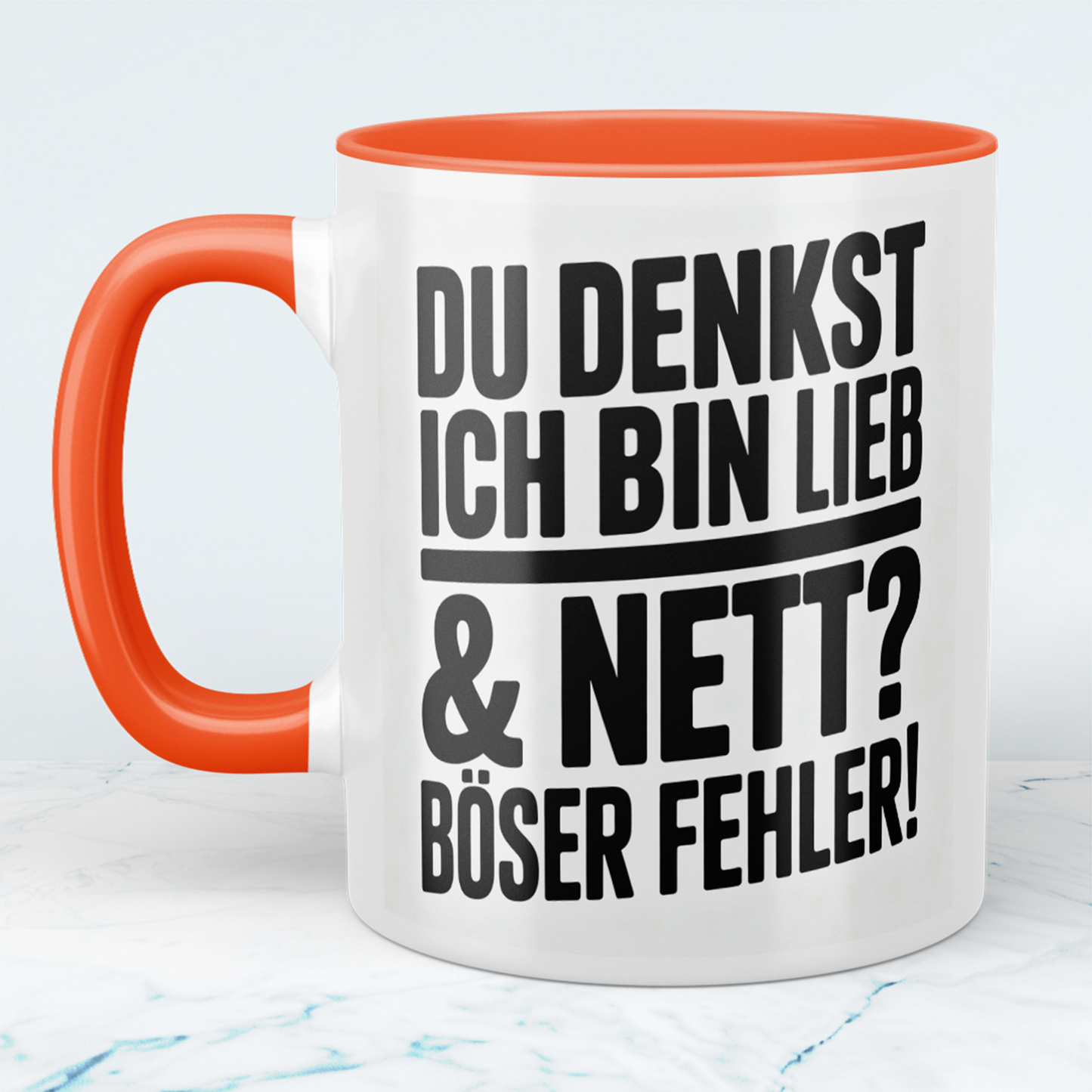 Lustige bedruckte Kaffeetasse mit Spruch „Du denkst ich bin lieb & nett? Böser Fehler“ – Geschenk für Büro, Kollegen & Arbeit