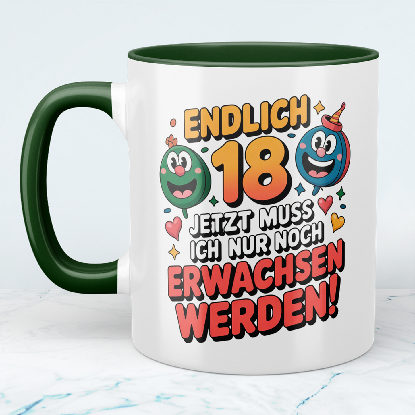 Humorvolle Tasse zum 18. Geburtstag – „Endlich 18 – Jetzt muss ich nur noch erwachsen werden“ – Geschenk für Familie & Freunde
