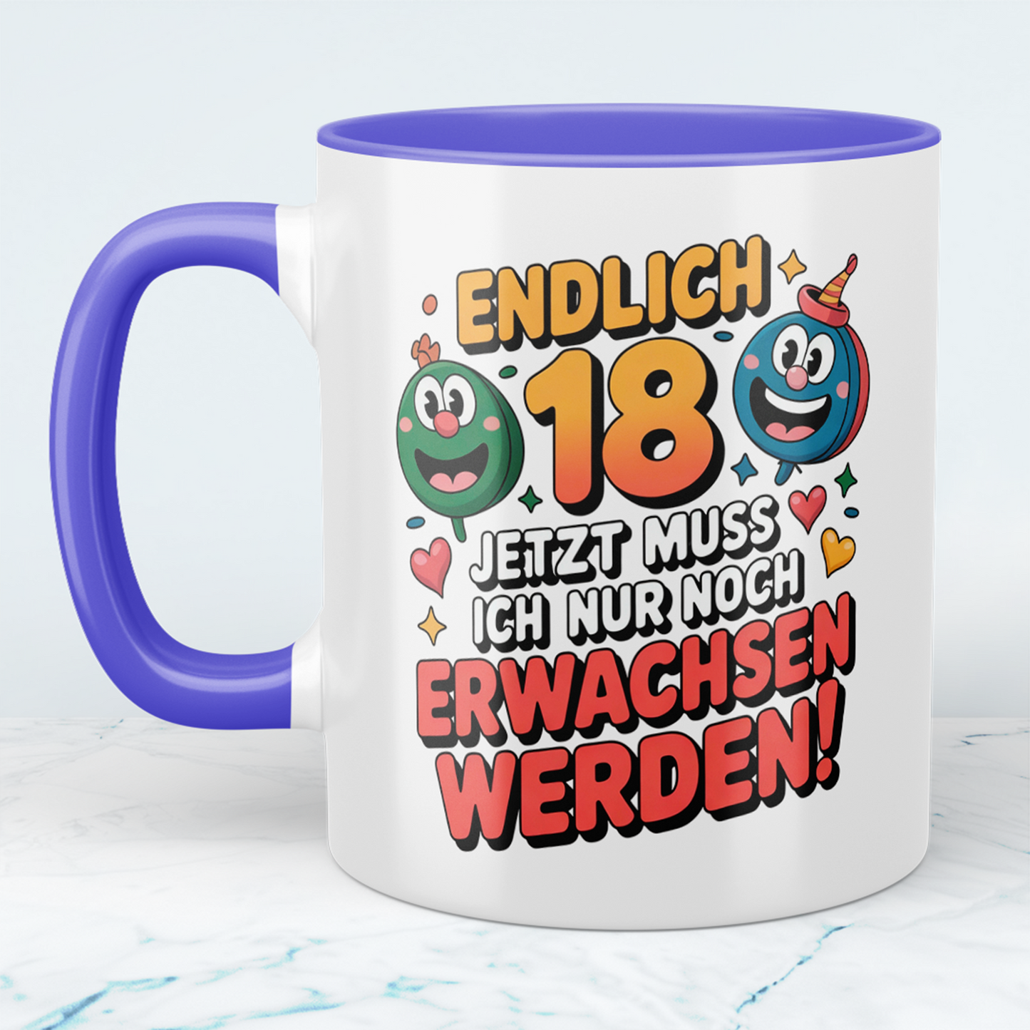 Humorvolle Tasse zum 18. Geburtstag – „Endlich 18 – Jetzt muss ich nur noch erwachsen werden“ – Geschenk für Familie & Freunde