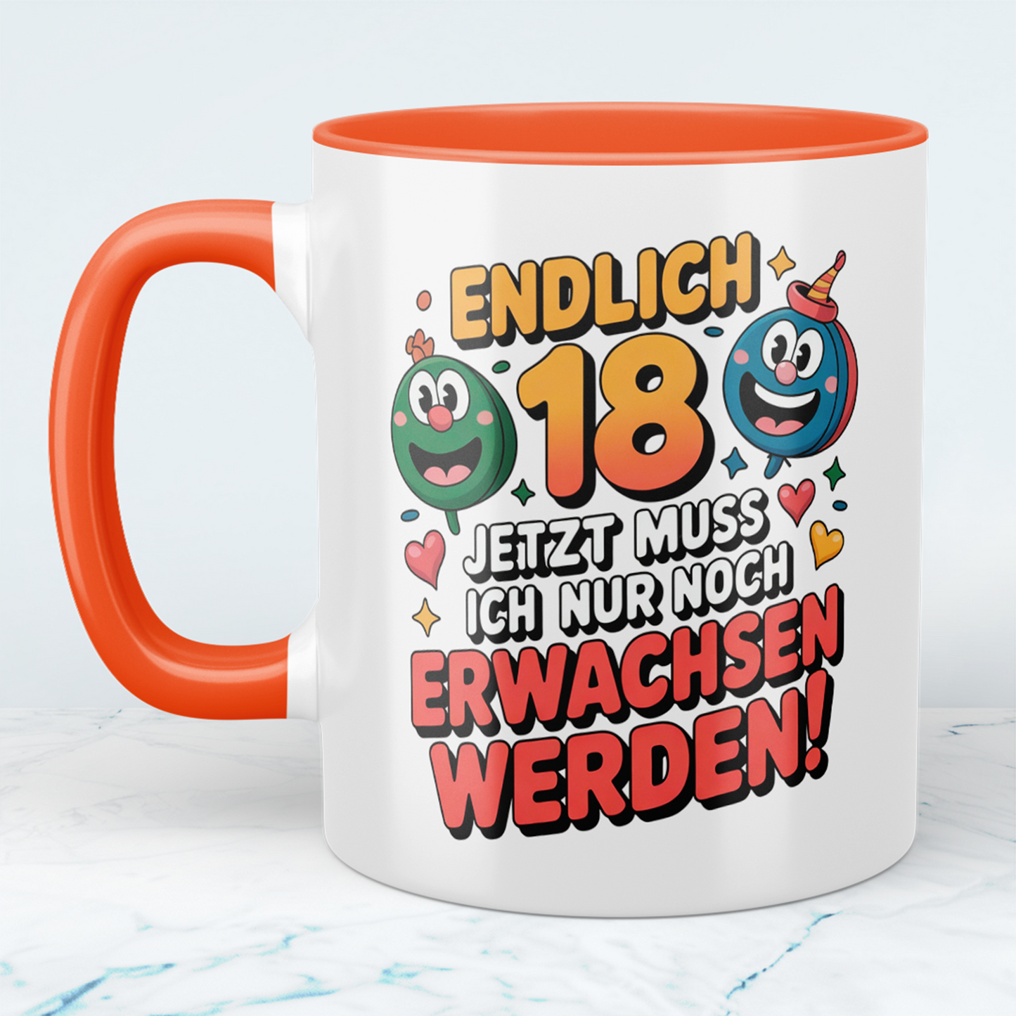 Humorvolle Tasse zum 18. Geburtstag – „Endlich 18 – Jetzt muss ich nur noch erwachsen werden“ – Geschenk für Familie & Freunde