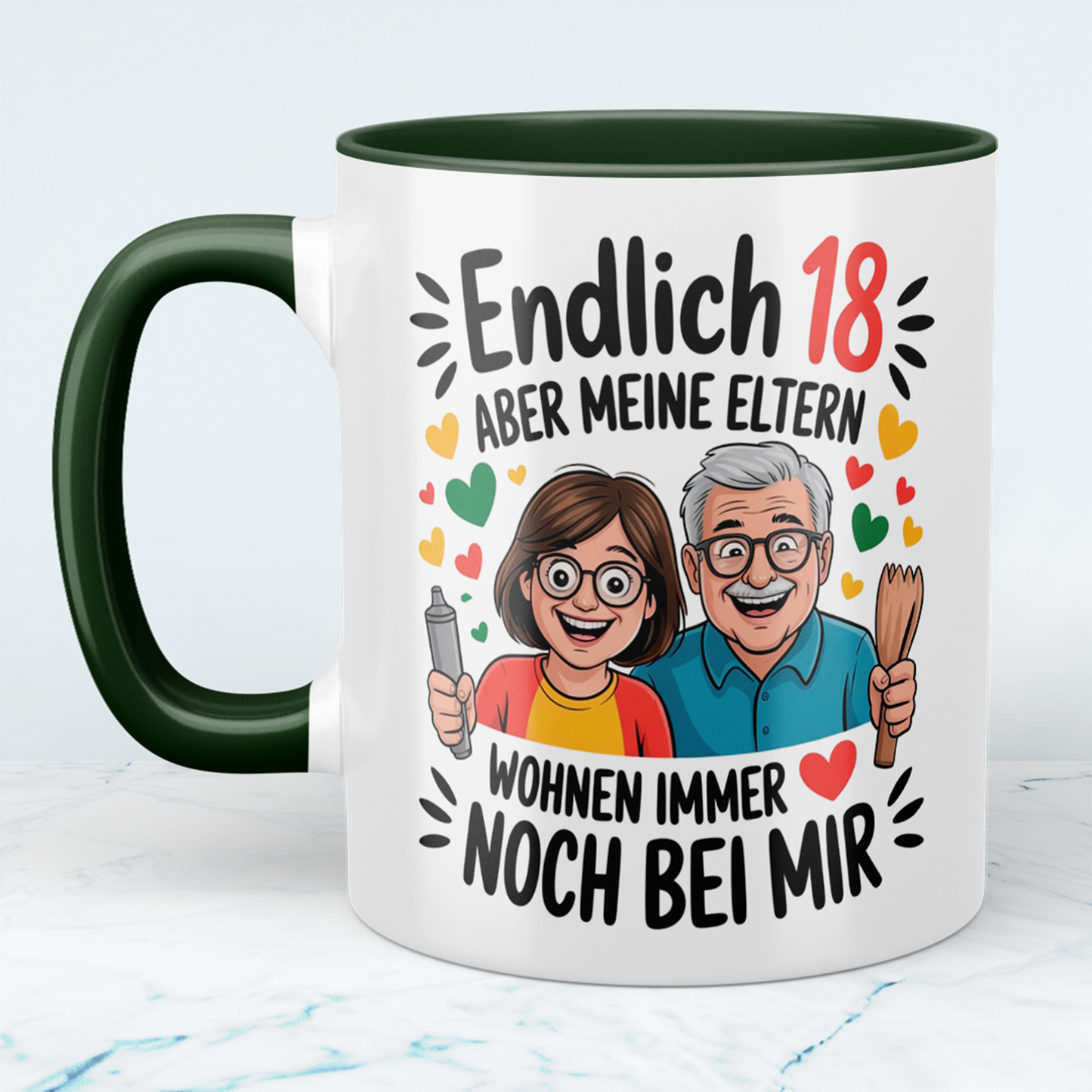 Lustige Tasse – „Endlich 18, aber meine Eltern wohnen immer noch bei mir“ – Witziges Geschenk zum 18. Geburtstag