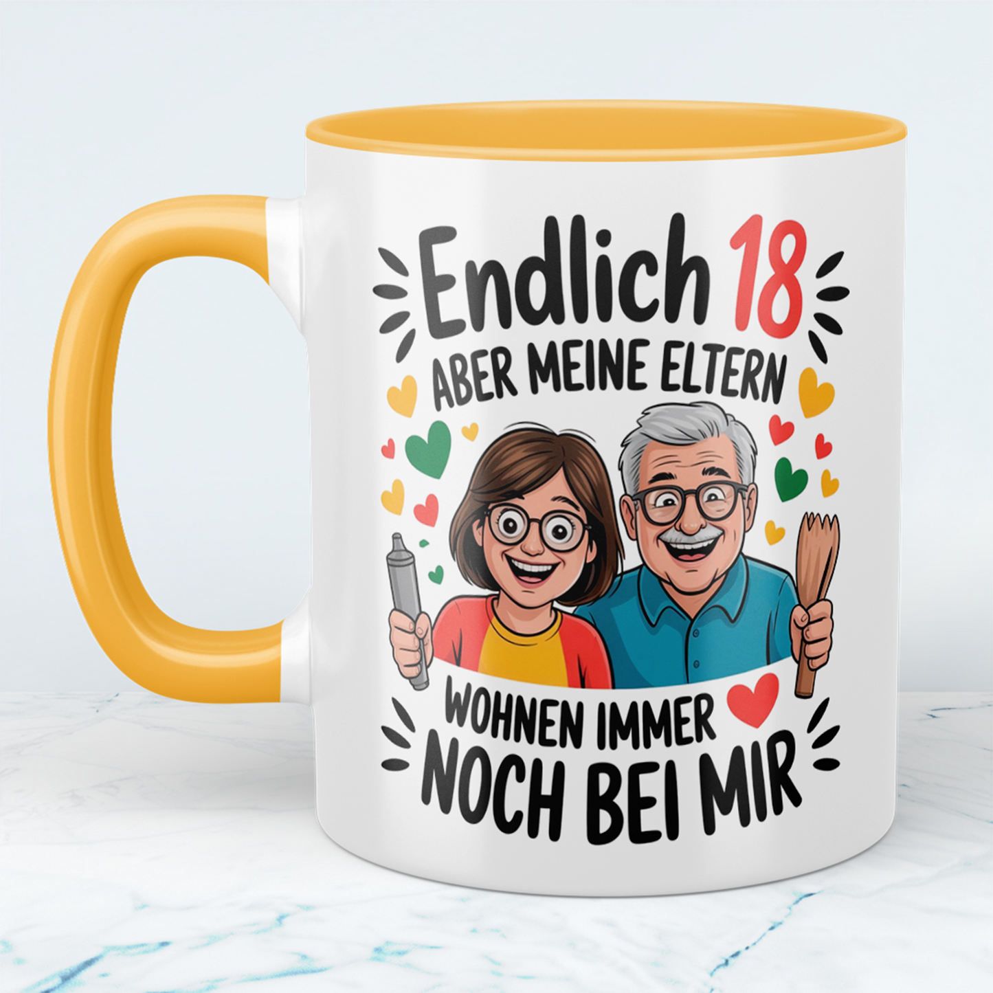 Lustige Tasse – „Endlich 18, aber meine Eltern wohnen immer noch bei mir“ – Witziges Geschenk zum 18. Geburtstag