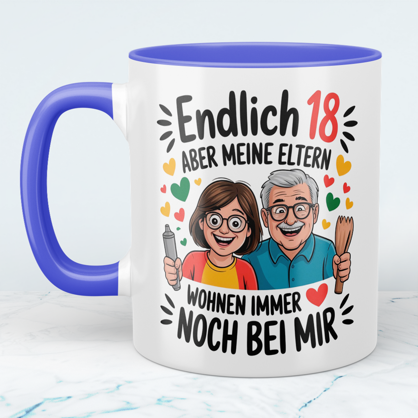 Lustige Tasse – „Endlich 18, aber meine Eltern wohnen immer noch bei mir“ – Witziges Geschenk zum 18. Geburtstag