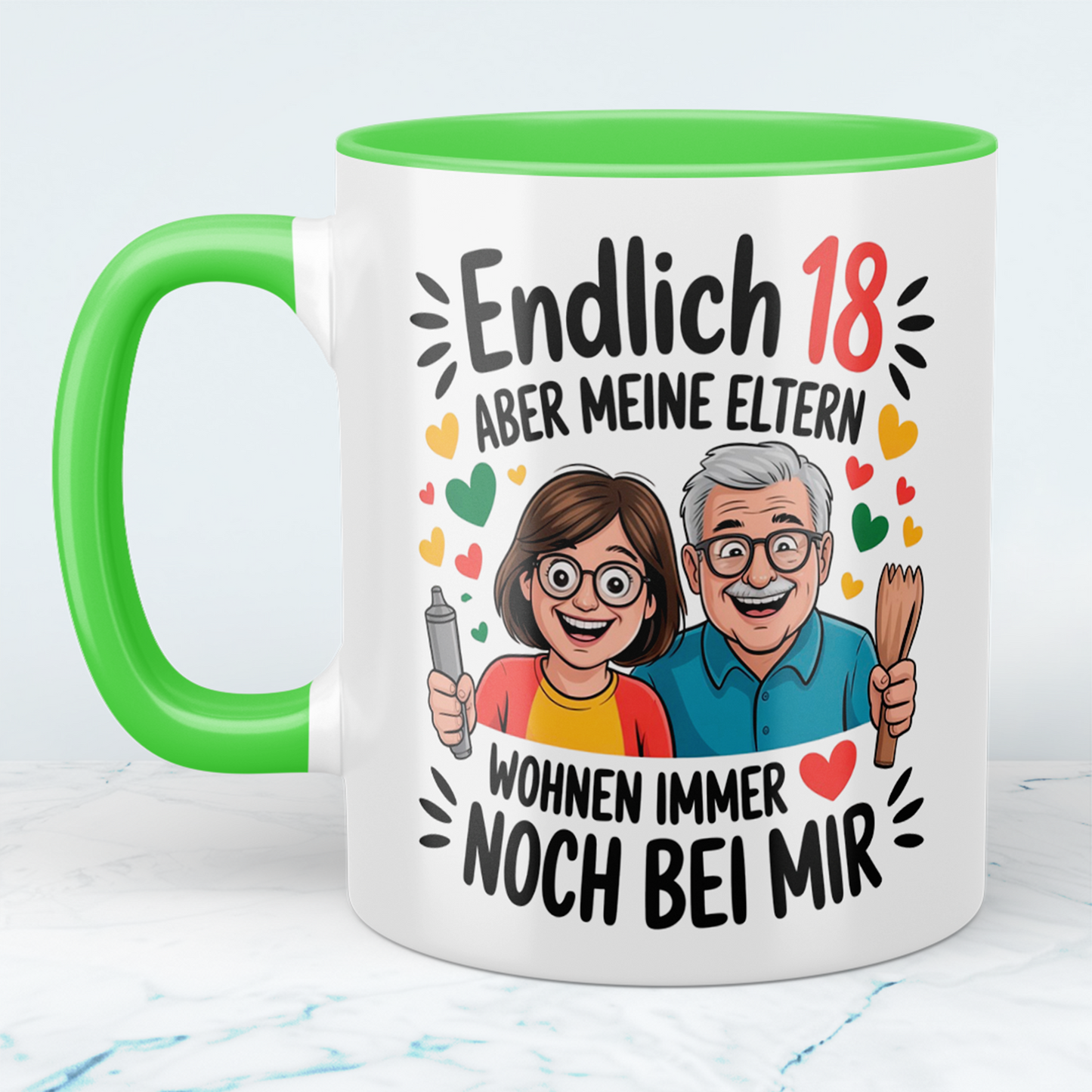 Lustige Tasse – „Endlich 18, aber meine Eltern wohnen immer noch bei mir“ – Witziges Geschenk zum 18. Geburtstag