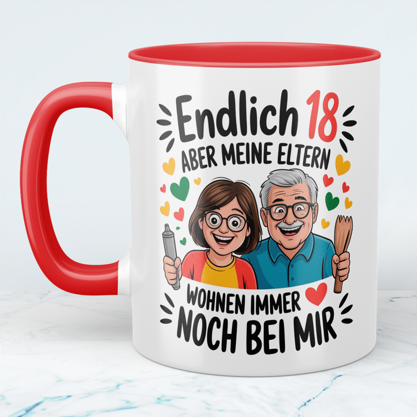 Lustige Tasse – „Endlich 18, aber meine Eltern wohnen immer noch bei mir“ – Witziges Geschenk zum 18. Geburtstag