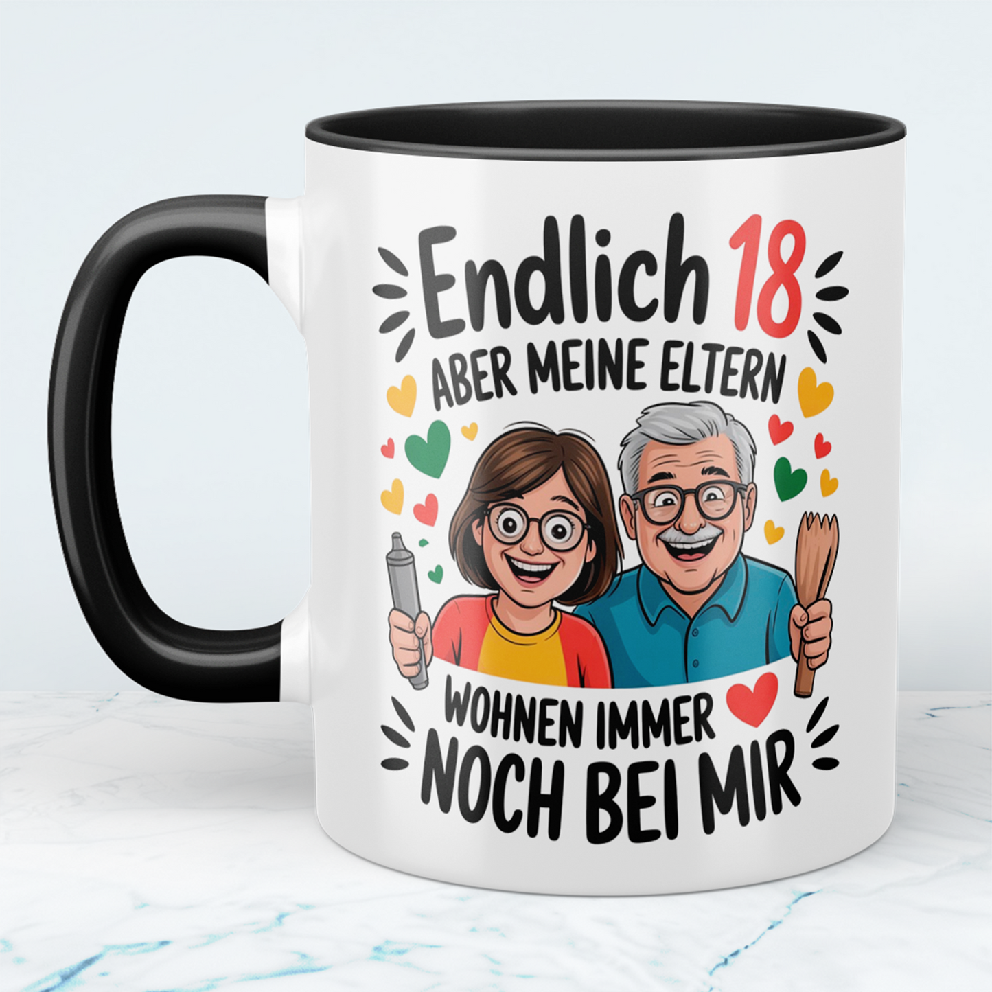 Lustige Tasse – „Endlich 18, aber meine Eltern wohnen immer noch bei mir“ – Witziges Geschenk zum 18. Geburtstag