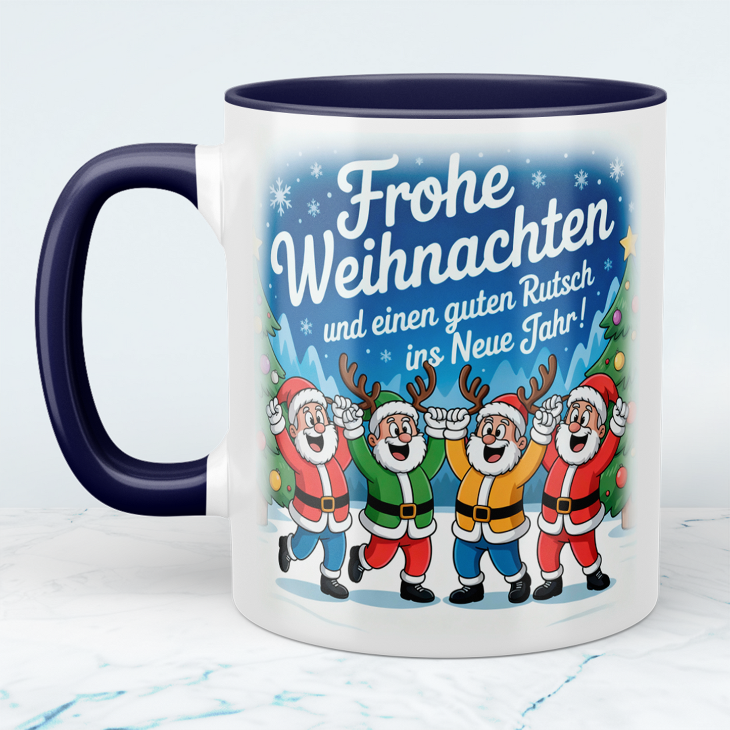 Bedruckte Weihnachtstasse mit Spruch „Frohe Weihnachten und einen guten Rutsch ins neue Jahr!“, Geschenk