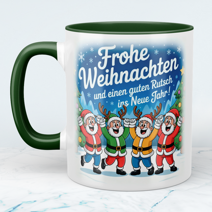 Bedruckte Weihnachtstasse mit Spruch „Frohe Weihnachten und einen guten Rutsch ins neue Jahr!“, Geschenk