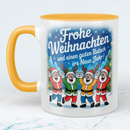 Bedruckte Weihnachtstasse mit Spruch „Frohe Weihnachten und einen guten Rutsch ins neue Jahr!“, Geschenk