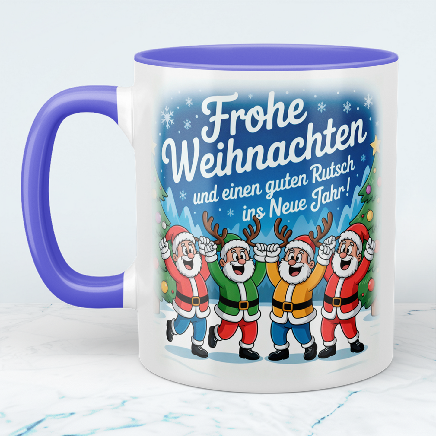 Bedruckte Weihnachtstasse mit Spruch „Frohe Weihnachten und einen guten Rutsch ins neue Jahr!“, Geschenk
