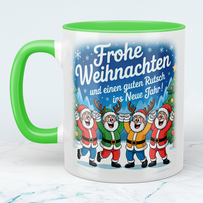 Bedruckte Weihnachtstasse mit Spruch „Frohe Weihnachten und einen guten Rutsch ins neue Jahr!“, Geschenk