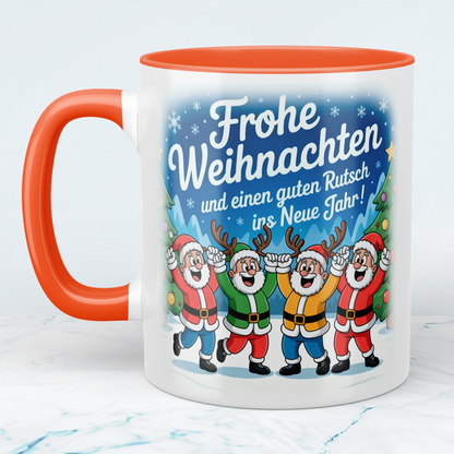 Bedruckte Weihnachtstasse mit Spruch „Frohe Weihnachten und einen guten Rutsch ins neue Jahr!“, Geschenk