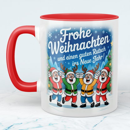 Bedruckte Weihnachtstasse mit Spruch „Frohe Weihnachten und einen guten Rutsch ins neue Jahr!“, Geschenk