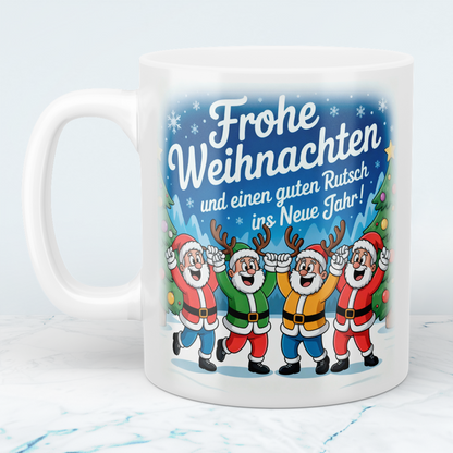 Bedruckte Weihnachtstasse mit Spruch „Frohe Weihnachten und einen guten Rutsch ins neue Jahr!“, Geschenk