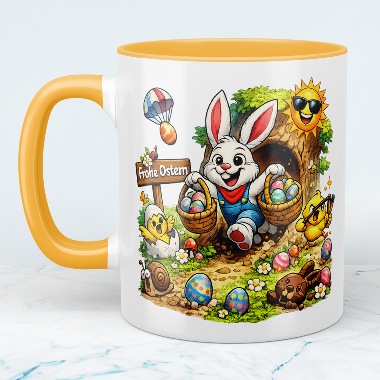 Ostern Tasse „Frohe Ostern“ mit Osterhase & Ostereiern – Oster Geschenk für Kinder & Familie