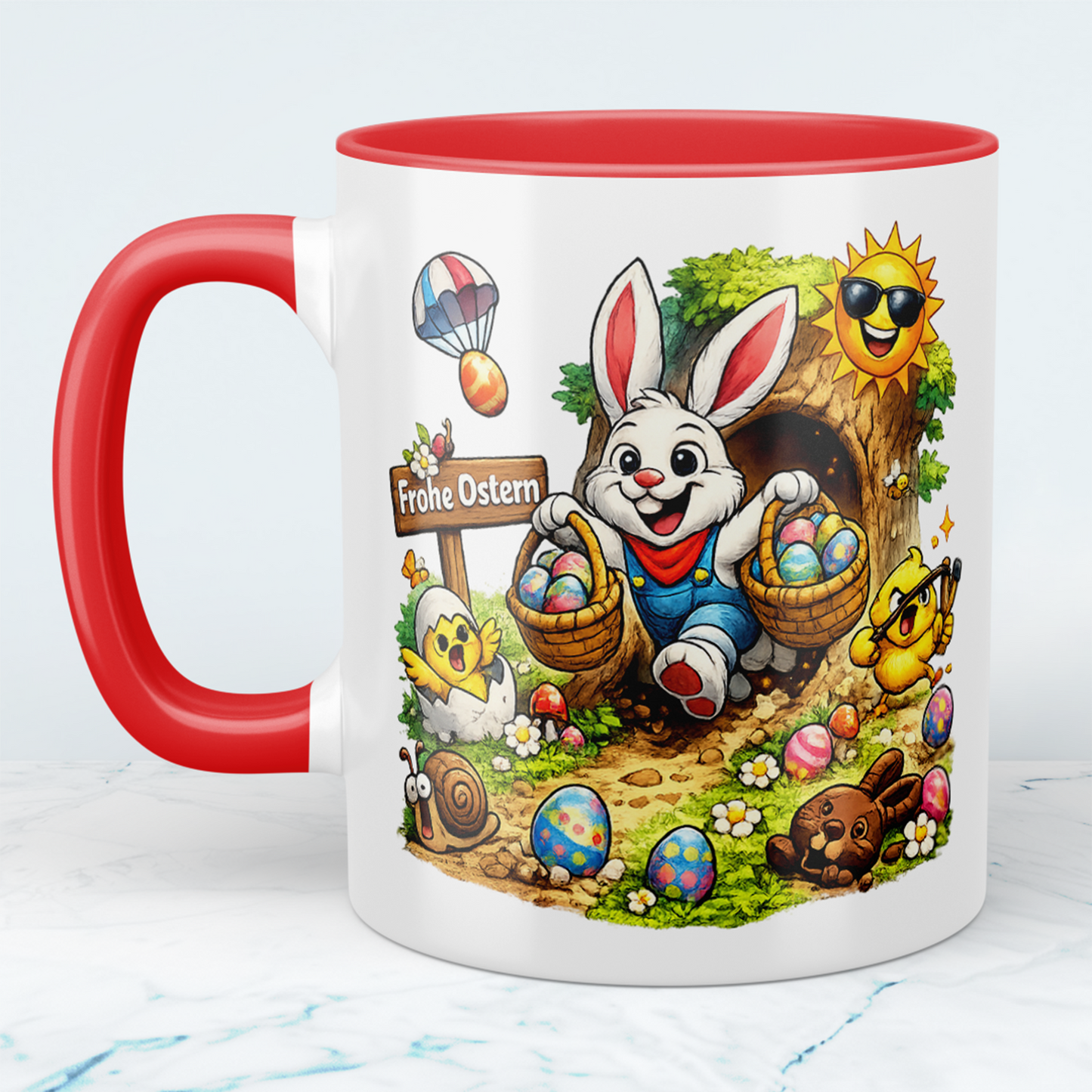 Ostern Tasse „Frohe Ostern“ mit Osterhase & Ostereiern – Oster Geschenk für Kinder & Familie
