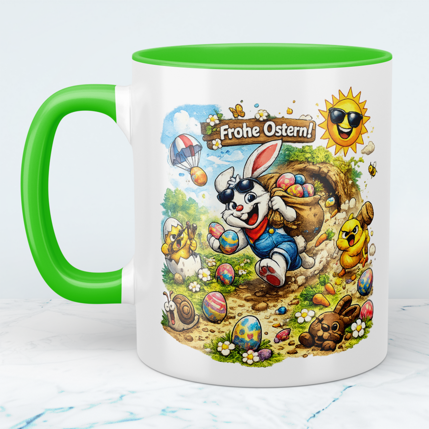 Oster Tasse „Frohe Ostern“ mit lustigem Osterhasen – Geschenkidee zu Ostern