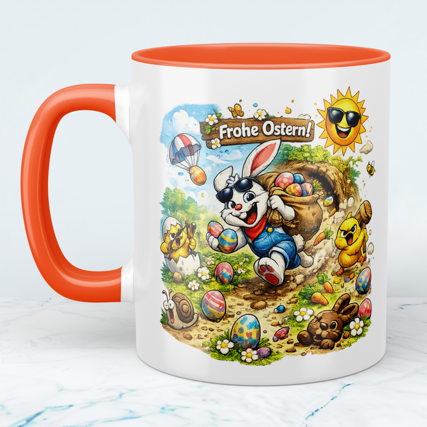 Oster Tasse „Frohe Ostern“ mit lustigem Osterhasen – Geschenkidee zu Ostern