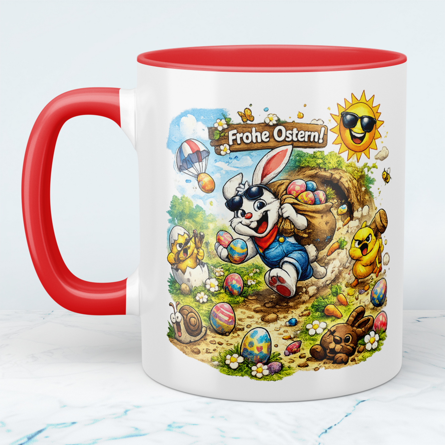 Oster Tasse „Frohe Ostern“ mit lustigem Osterhasen – Geschenkidee zu Ostern