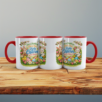 Frohe Ostern Tasse mit Hasen & bunten Ostereiern – Keramik Kaffeebecher Frühling Geschenkidee