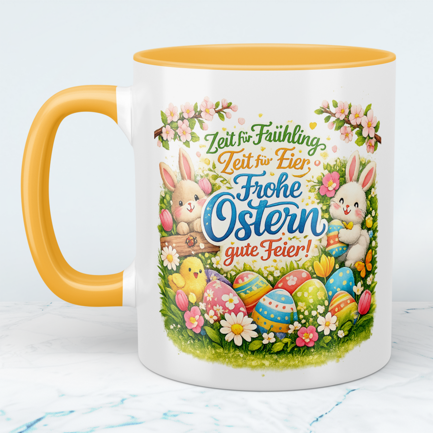 Frohe Ostern Tasse mit Hasen & bunten Ostereiern – Keramik Kaffeebecher Frühling Geschenkidee