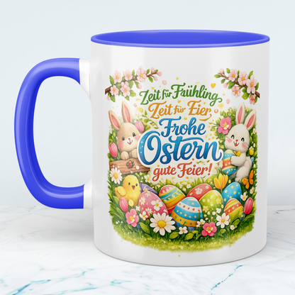 Frohe Ostern Tasse mit Hasen & bunten Ostereiern – Keramik Kaffeebecher Frühling Geschenkidee