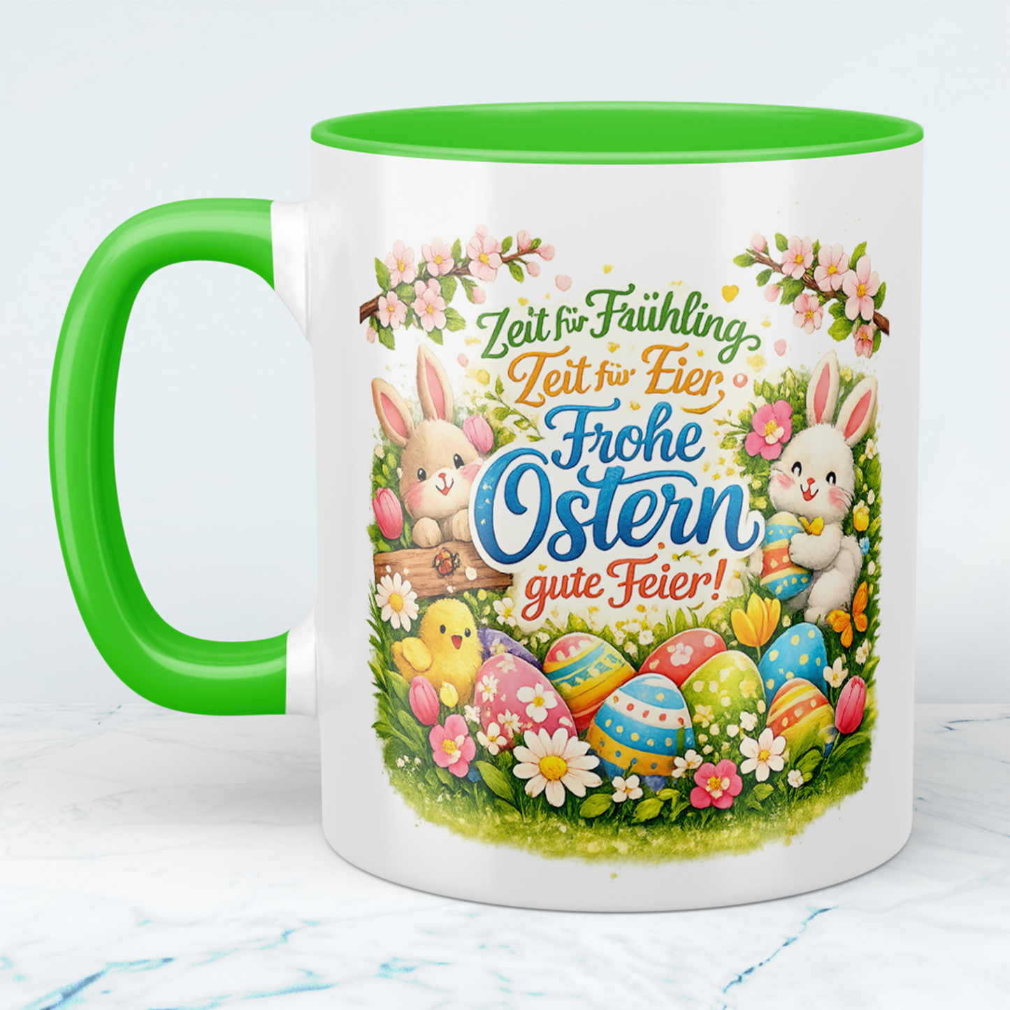 Frohe Ostern Tasse mit Hasen & bunten Ostereiern – Keramik Kaffeebecher Frühling Geschenkidee