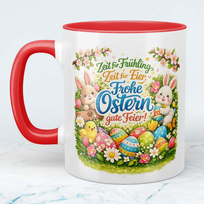 Frohe Ostern Tasse mit Hasen & bunten Ostereiern – Keramik Kaffeebecher Frühling Geschenkidee