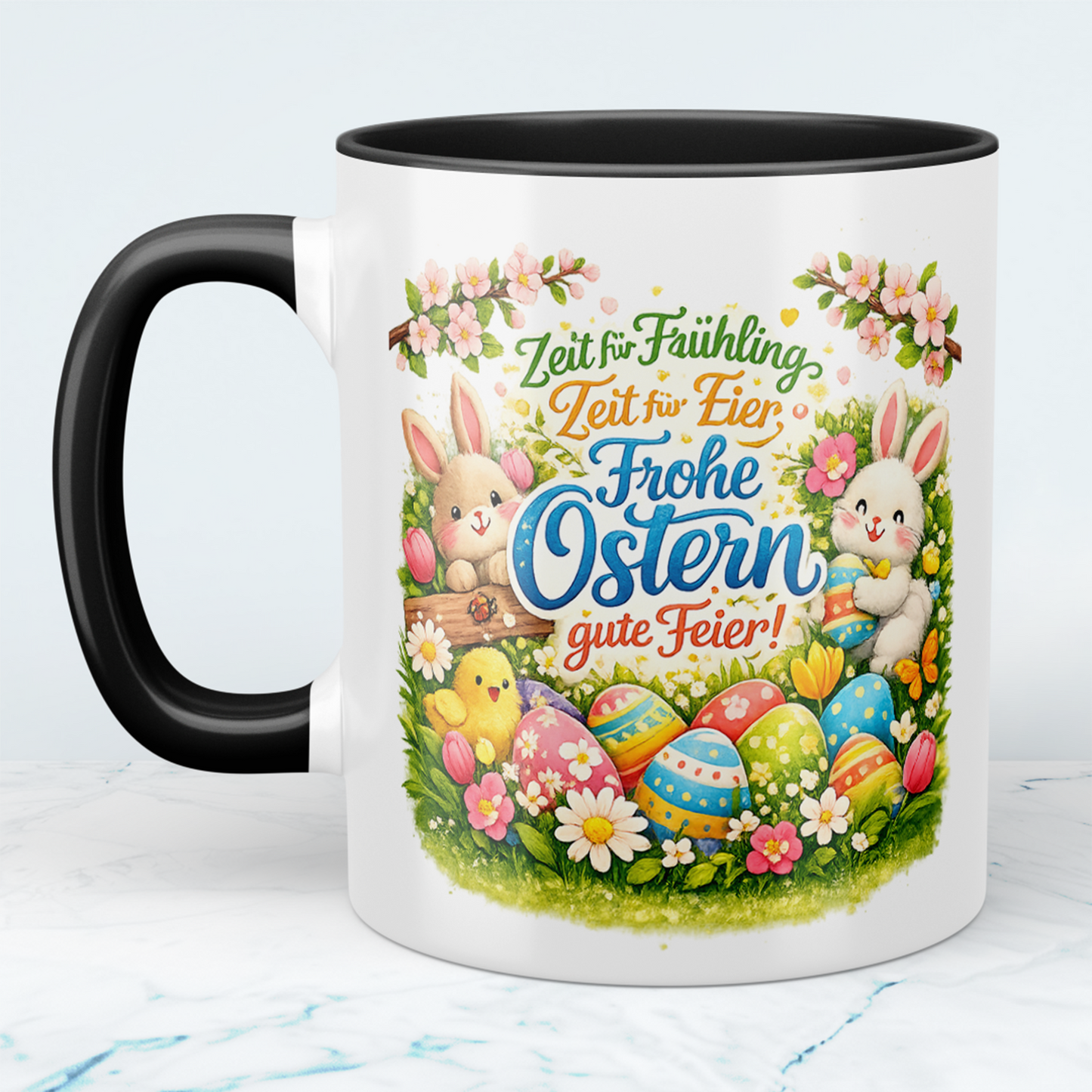 Frohe Ostern Tasse mit Hasen & bunten Ostereiern – Keramik Kaffeebecher Frühling Geschenkidee