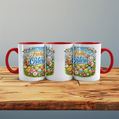 Frohe Ostern Tasse mit Hasen & Ostereiern – Osterbecher mit Spruch – Geschenkidee zu Ostern