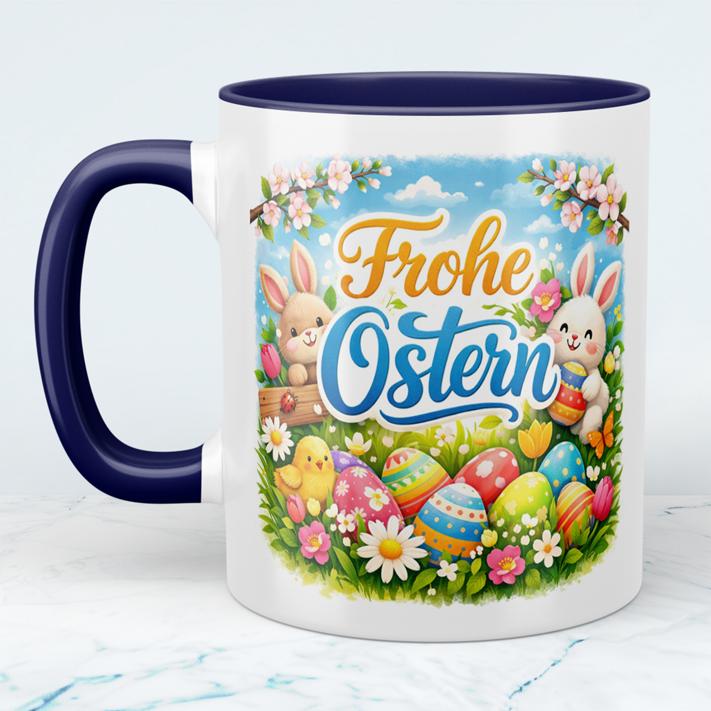 Frohe Ostern Tasse mit Hasen & Ostereiern – Osterbecher mit Spruch – Geschenkidee zu Ostern