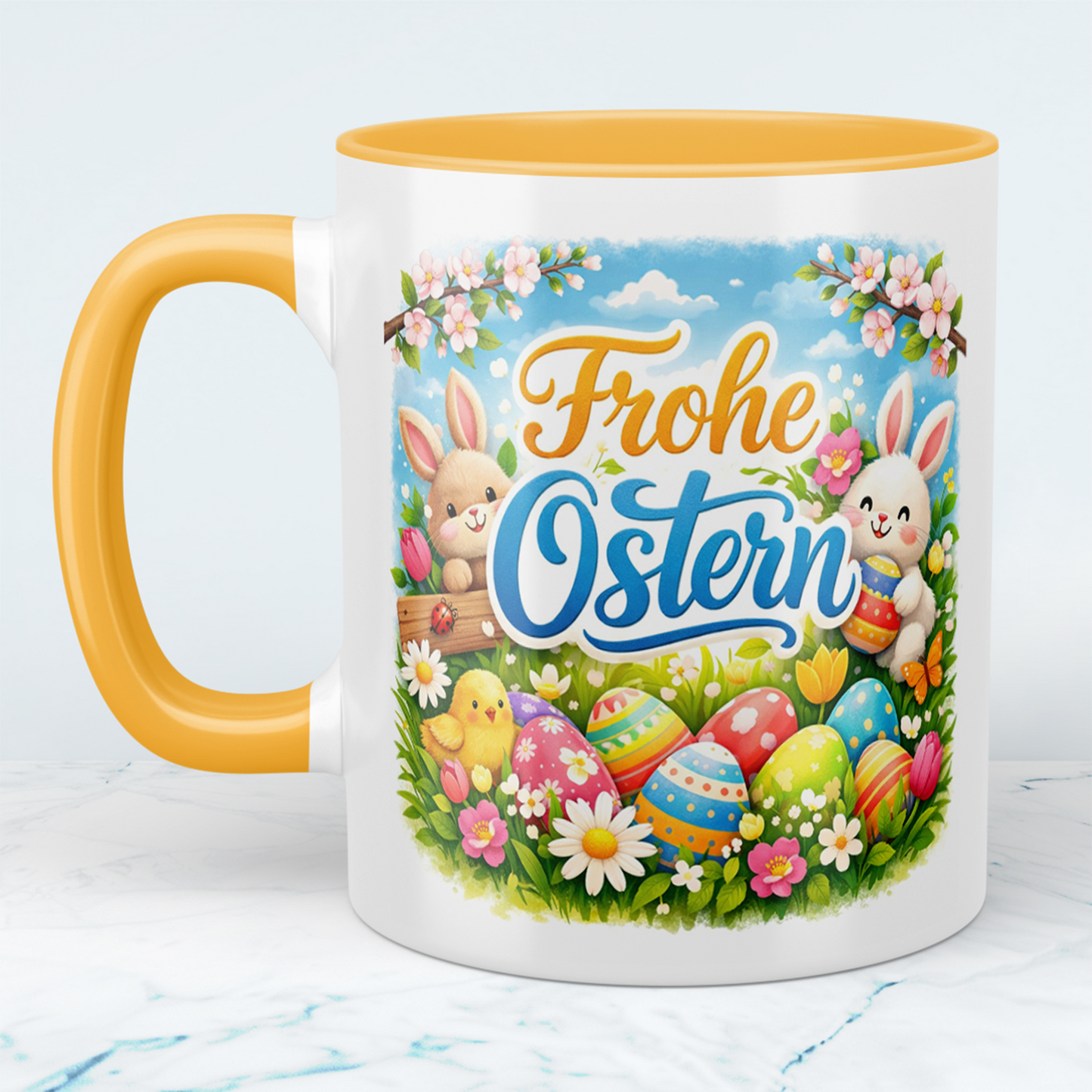 Frohe Ostern Tasse mit Hasen & Ostereiern – Osterbecher mit Spruch – Geschenkidee zu Ostern