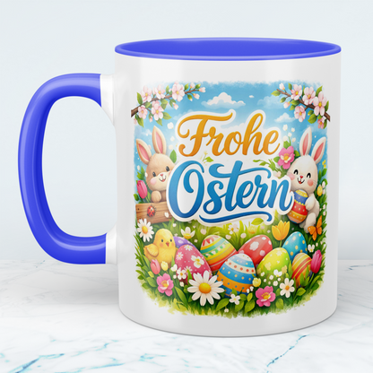 Frohe Ostern Tasse mit Hasen & Ostereiern – Osterbecher mit Spruch – Geschenkidee zu Ostern