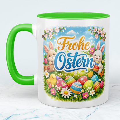 Frohe Ostern Tasse mit Hasen & Ostereiern – Osterbecher mit Spruch – Geschenkidee zu Ostern