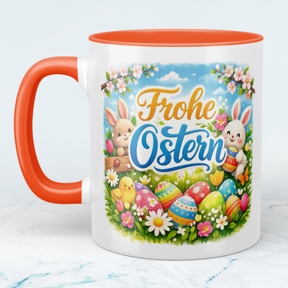 Frohe Ostern Tasse mit Hasen & Ostereiern – Osterbecher mit Spruch – Geschenkidee zu Ostern