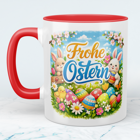 Frohe Ostern Tasse mit Hasen & Ostereiern – Osterbecher mit Spruch – Geschenkidee zu Ostern