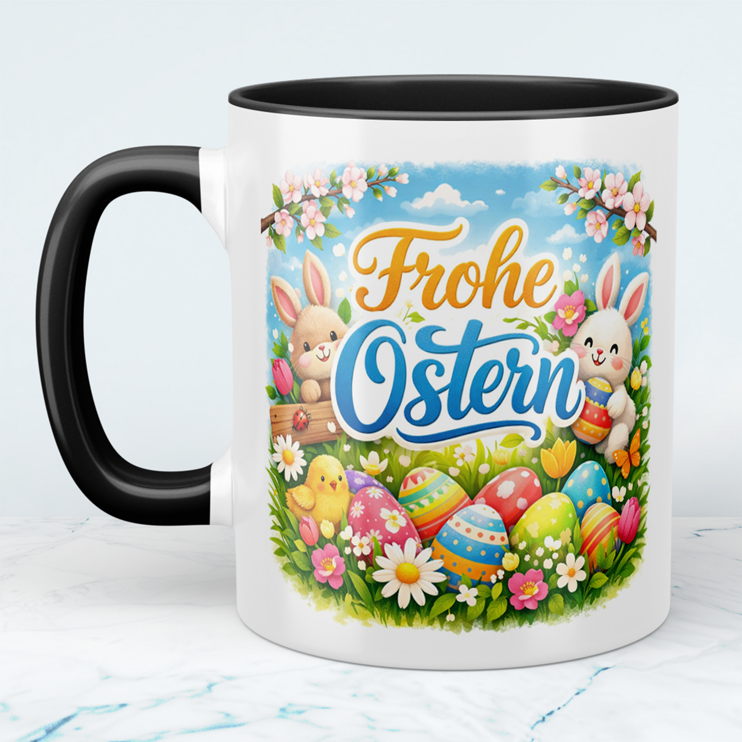 Frohe Ostern Tasse mit Hasen & Ostereiern – Osterbecher mit Spruch – Geschenkidee zu Ostern