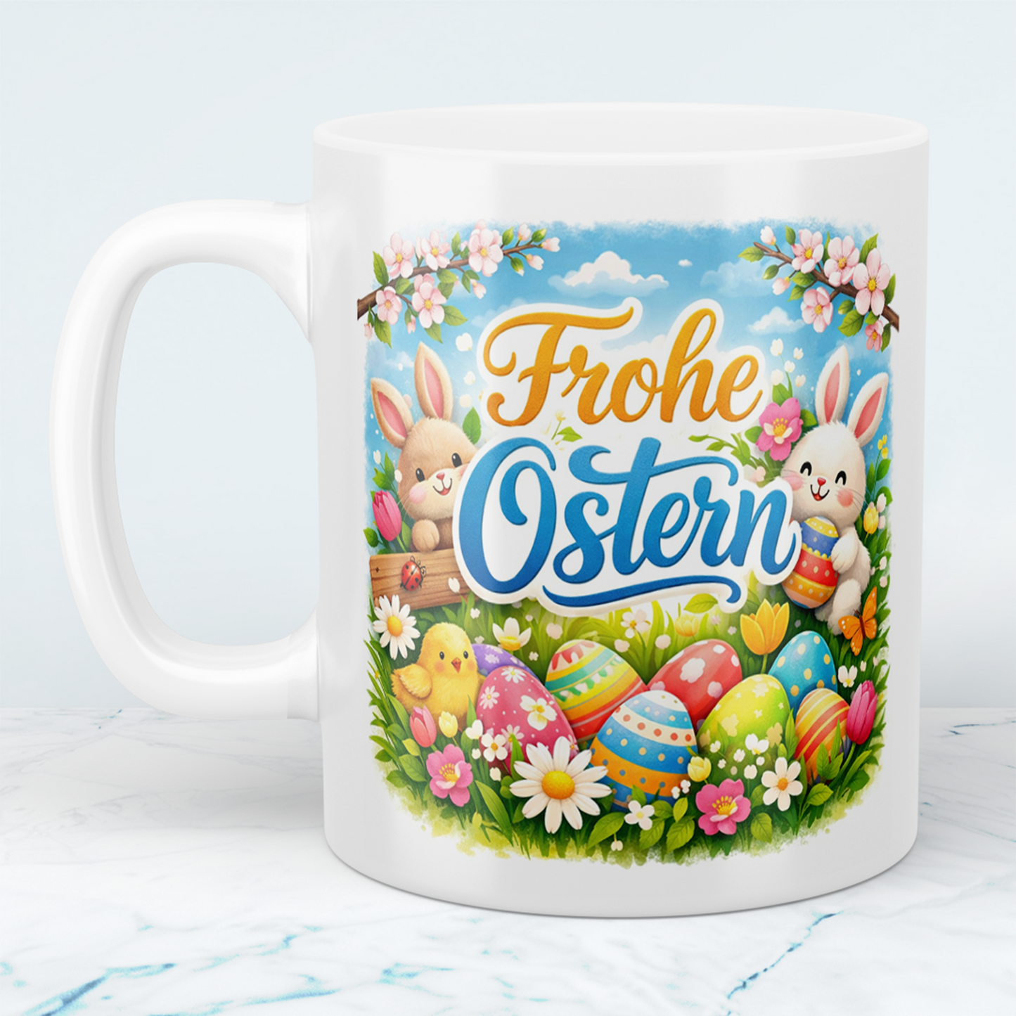 Frohe Ostern Tasse mit Hasen & Ostereiern – Osterbecher mit Spruch – Geschenkidee zu Ostern